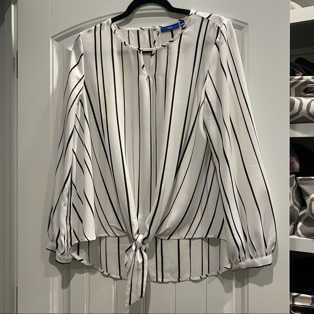 Apt. 9 Loose with Front Tie Professional Blouse White with Black Stripes